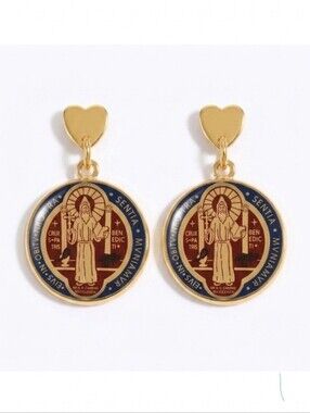 Saint Benedict Medal Earrings - 14k Gold Plated Dangle - Heart Design Religion